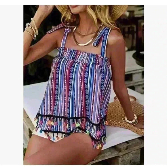 Shein Striped Print Fringe Trim Tie Shoulder Wide Strap Top Multicolor Size S - Picture 3 of 9
